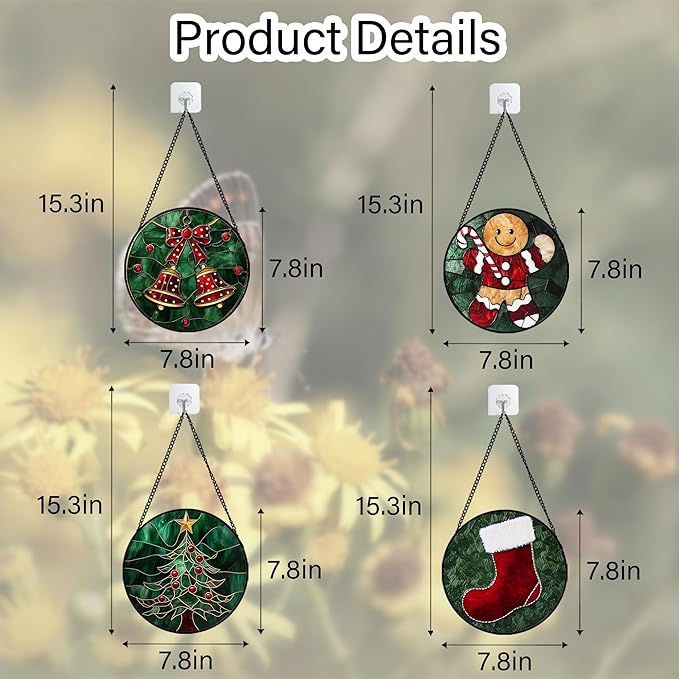 Stained Glass Window Hanging 4 Pcs Set Red Christmas Stockings and Gingerbread 7.8" - Suncatcher Door Garden Sun Catcher Decor Birthday Mother's Day Xmas Gifts for Mom Woman Nana Men