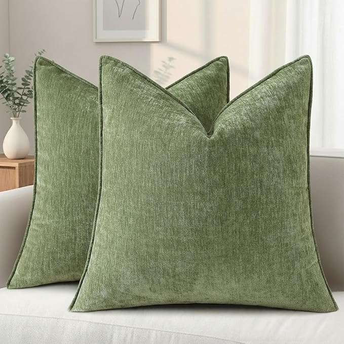 decorUhome Spring Couch Throw Pillow Covers 18x18 Set of 2, Decorative Soft Velvet Neutral Chenille Pillow Covers with Elegant Design for Sofa Bed Living Room Home Decor, Olive Green
