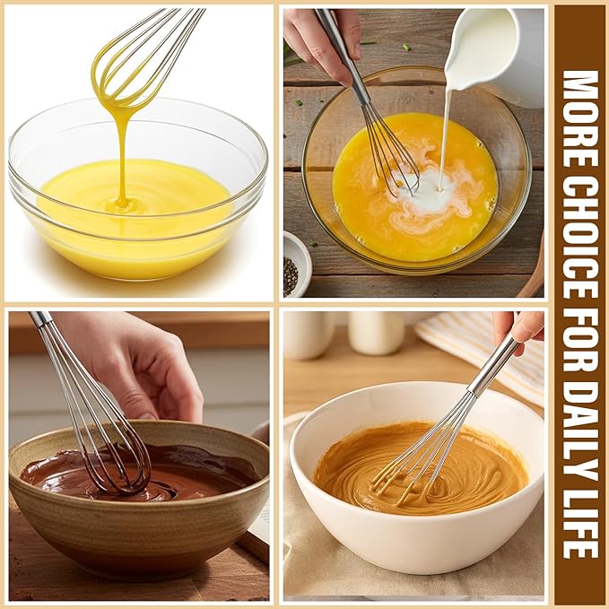 Baderke 6 Pcs 10.2 Inch Mini Small Whisk Long Handle Stainless Steel Egg Whisks Egg Beater Coffee Wire Whisk, Great for Blending, Whisking, Beating, or Stirring Eggs Mixing Salad Dressings, Sauces