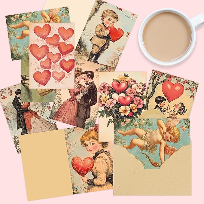 Vintage Valentines Day Cards, 36 Pcs Retro Valentine Postcards for Her Him with Envelopes and Stickers, Classic Romantic Greeting Cards for girlsfriend menfriend Wife Husband Gift Exchange