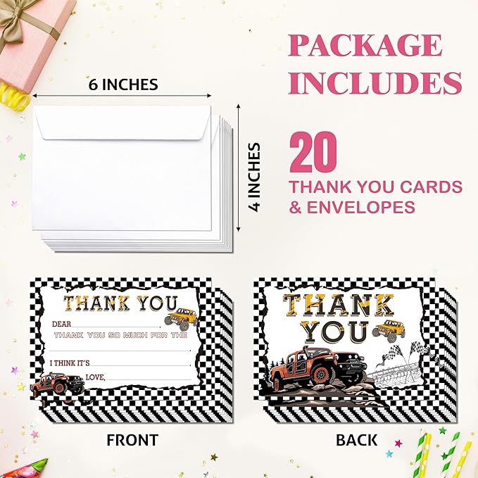 Truck Kids Thank You Cards, Racing Thank You Card For Birthday Party, Kids Birthday Cards Fill In The Blank, 20 Pack Black Greeting Cards With Envelopes For Boys And Girls, 013