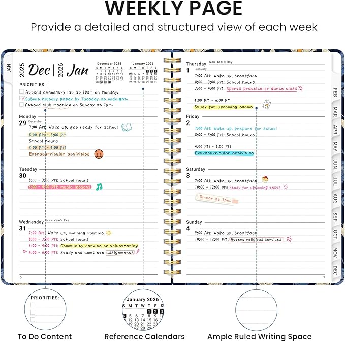 2026 Planner, Monthly and Weekly Calendar Planner for Women, Jan 2026 - Dec 2026, Hardcover Pretty 2026 Agenda Planner Book with Tabs, Spiral Bound, Perfect for School Office Home Supplies, 6.3" x 8.5" - Midnight Magnolia