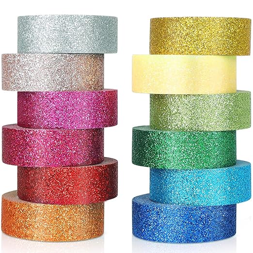 AEBORN Glitter Washi Tape Set, Colored Decorative Masking Tapes for Bullet Journal, Kids DIY Crafts, Planner, Scrapbook, Gift Packaging (Glitter-12jz)
