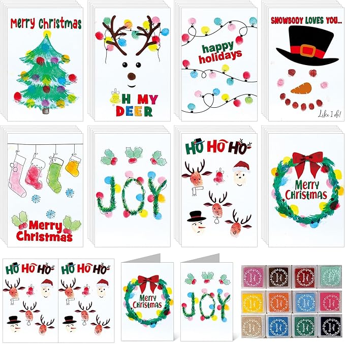 48 Sets Christmas Cards Making Crafts Kits 4 x 6 Inch DIY Thumbprint Christmas Crafts with Ink Pad Fingerprint Make Your Own Folded Greeting Card Making Kit for Xmas Gifts Fun Home Activity