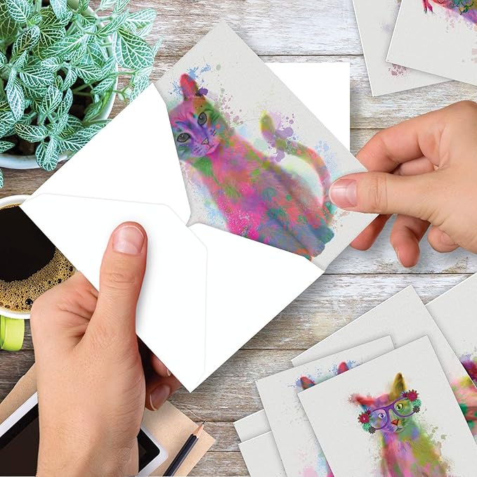 The Best Card Company 20 Assorted Blank Notecards Bulk Box Set 4 x 5.12 Inch with Envelopes (10 Designs, 2 Each) Funky Rainbow Cats AM6199OCB-B2x10