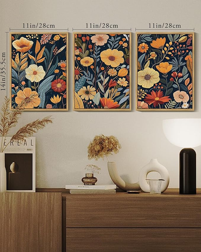 KUVIOKE Vintage Flower Framed Wall Art Colorful Boho Floral Wall Decor Botanical Retro Wildflower Modern Artwork Bedroom Living Home Decor 11x14in (Natural Framed)