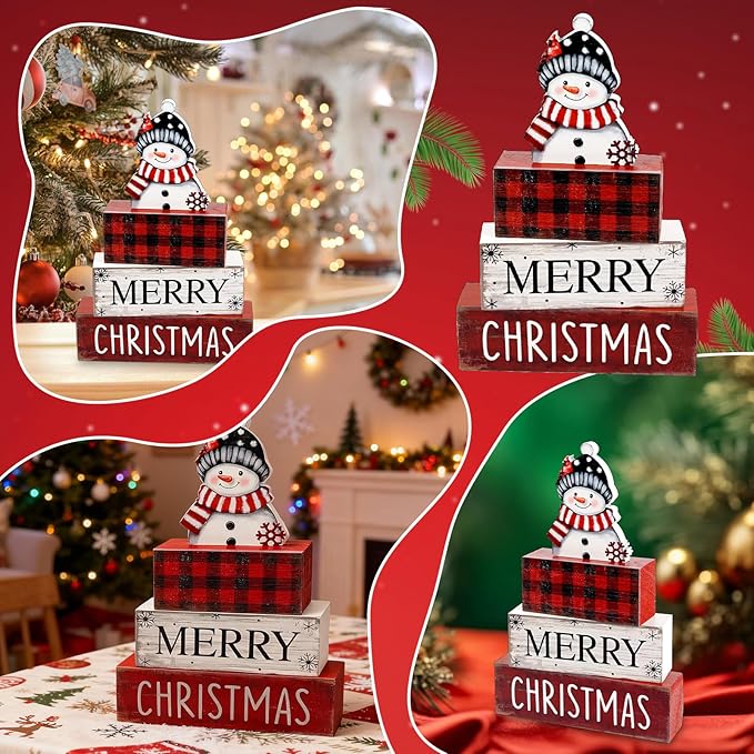 hongbo Christmas Table Decor,Snowman and Buffalo Plaid Wooden Block,Merry Christmas Wood Centerpiece,Winter Xmas Table Sign,Farmhouse Tiered Tray Decor for Home,Party,Shelf,Office and Gifts