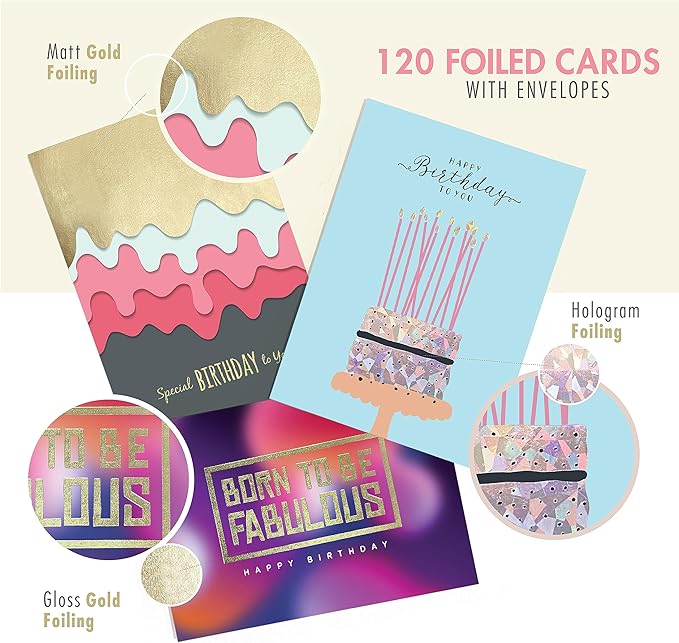 easykart labels 120 Birthday Cards Assortment with Greetings Inside. For Businesses and Individuals, 4x5.5 Inch Assorted Foiling Cards with Envelope with Sealing Stickers