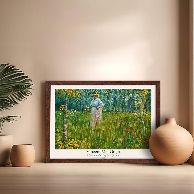 Monem Art Vintage Van Gogh Poster - Retro A Woman Walking In A Garden Print - Impressionism Art - Fine Art - Classic Painting Art - Floral Art - Bedroom or Office Decor - 16x20 Brown Framed