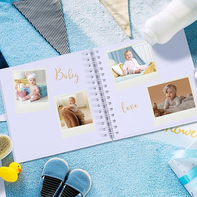 BINBE 10 x 10 Inch Letters to The Baby Scrapbook DIY Blank Paper Album Memory Book for Kids Sign with Pearl Scrapbook Photo Stickers, Metallic Letters, Bows (White)
