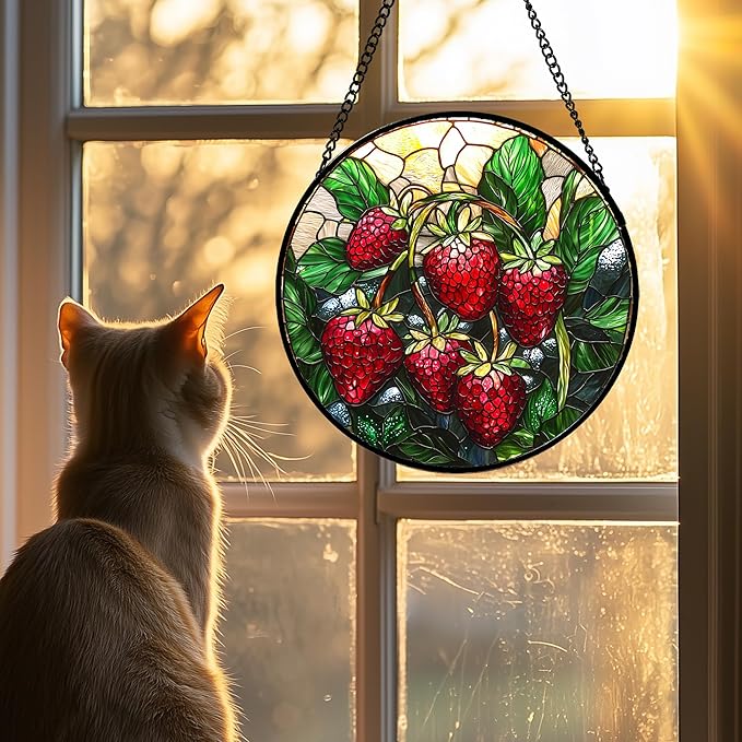 Stained Glass Suncatcher, Red Strawberry Green Leaf Sun Catcher Silver Background Stain Glass Window Hanging Decoration Mother's Day Birthday Gifts for Women Men Mom Nana 11.8 in