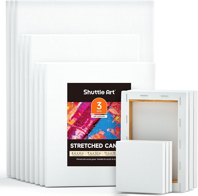 Shuttle Art Stretched Canvas, 15 Multi Pack, 4x4, 5 x 7, 8 x 10, 9x12, 11 x 14 Inches (3 of Each), 100% Cotton, Primed White Painting Canvas, Art Canvases for Acrylic, Oil, Acrylic Pouring Painting