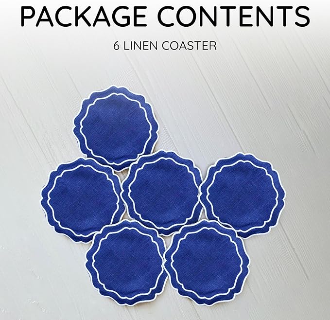 Drink Coasters Set of 6, 6x6 inch, Absorbent Linen Drink Mats with Scalloped Edge, Reusable Handmade Coffee Coasters for Home Decor & Tabletop Protection & Gift Giving (Navy)