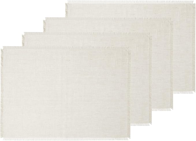 Solino Home Linen Light Natural Placemats Set of 4-100% Pure Linen Placemats 14 x 19 Inch for Spring, Easter - Fringe
