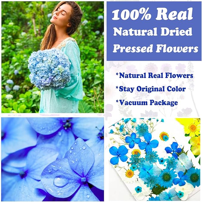 85 Pcs Blue Pressed Dried Flowers for Resin Molds, Real Natural Flowers Leaves Bulk for DIY Art Nail Crafts, Jewelry, Candle, Soap Making