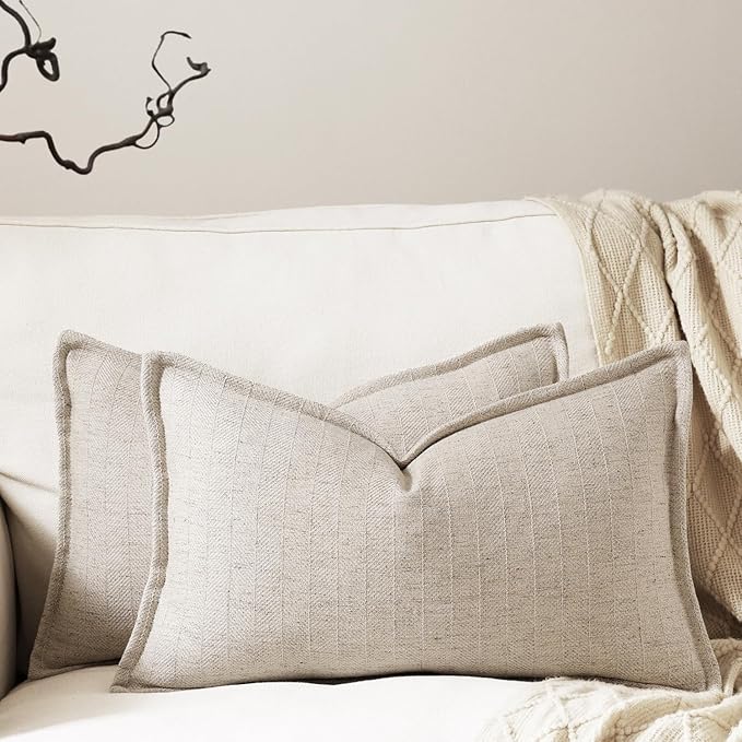 12x20 Linen Pillow Covers Natural Beige Pack of 2 Farmhouse Boho Neutral Accents Striped Textured Rectangular Lumbar Decorative Throw Pillow Cases for Living Room Couch Bed Home Decor