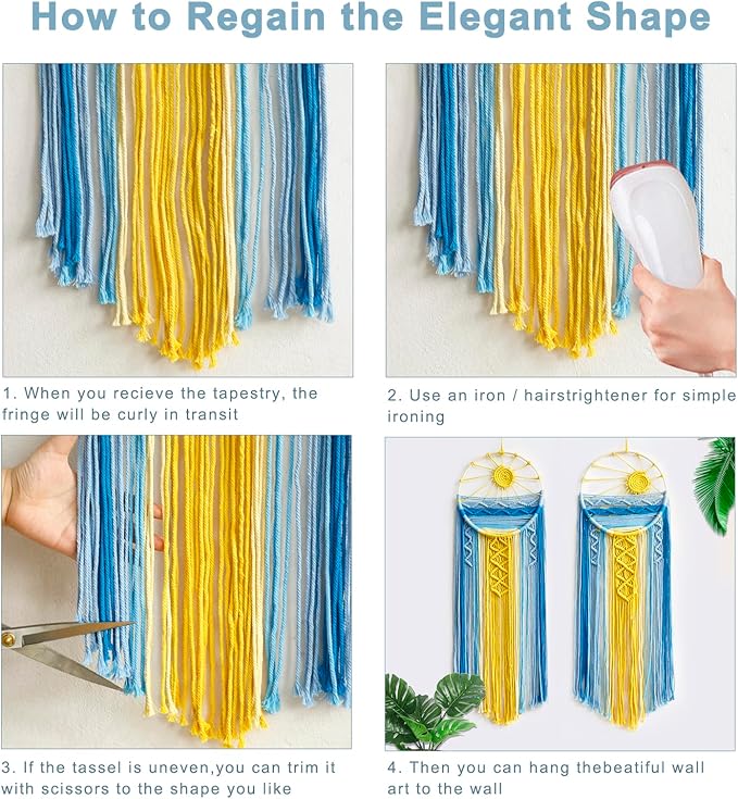 2 Pack Blue Sun Wall Decor Macrame Hanging Tapestry Sunshine Sunset Wall Art Set, Rustic Woven Tapestries Boho Dream Catcher Colorful Decor for Bedroom Living Room Nursery (Blue 2Pcs)