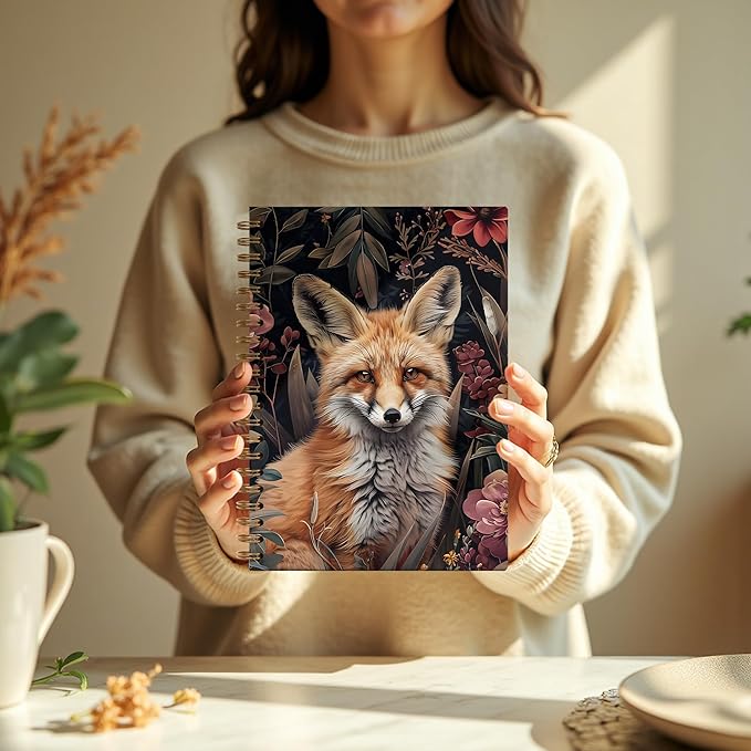 Vintage Floral Fox Notebook, Whimsical Forest Animal Journal, Fox Gifts for Women, Dark Cottagecore Flower Aesthetic Spiral Notebook Journal, 5.5x8.3 Inch