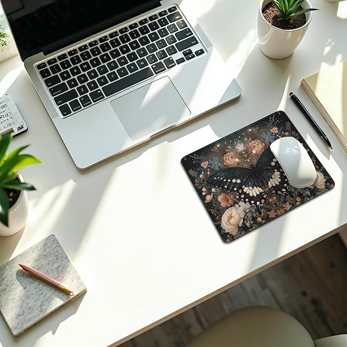 Vintage Moody Floral Butterfly Mouse Pad, Dark Academia Cottagecore Botanical Moth Mousepad for Home Office Dorm Computers Laptop,Aesthetic Gothic Office Supplies Desk Accessories, 9.5x7.9 Inch