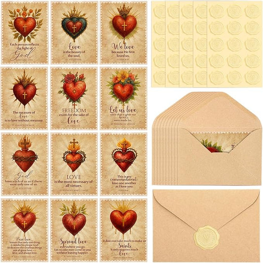 Epakh 24 Sets Religious Valentine's Day Cards Catholic Greeting Card with Brown Envelope Gold Sticker Heart and Cross Exchange Gifts for Godmother Goddaughter Church Couple Friends