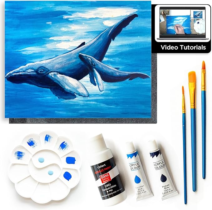DIY Painting Class Kit for Adults with Video Tutorials: Learn to Paint Whales – How to Paint with Acrylics – Painting & Art Supplies – 9 Piece Acrylic Paint Set