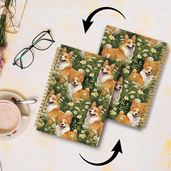 Cute Dog Corgi Floral Journal Notebook - Welsh Corgi Dog Flower Notebooks College Ruled for Work School, Gifts for Dog Mom Dog Lovers, Office Supplies, Hardcover Spiral Notebook 5.5"x8.3"