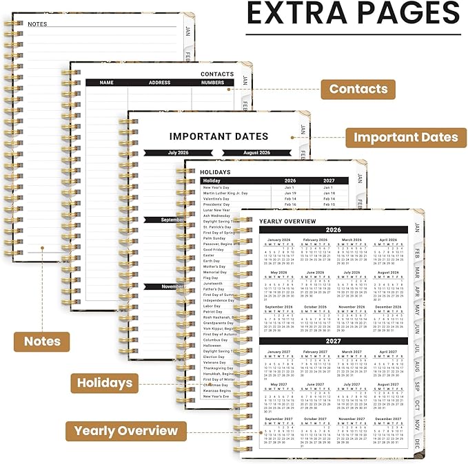 2026 Planner, Weekly and Monthly Planner for Women, January 2026 to December 2026, Pretty Hardcover 2026 Calendar Planner Book with Tabs, Inner Pocket, Spiral Bound, Perfect Office Home School Supplies - 6.3" x 8.5", Wild Rose