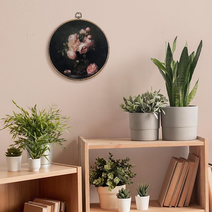 FUGWN Vintage Pink Peony Floral Round Wall Art Decor Framed, Dark Cottagecore Floral Canvas Artwork Prints, Moody Botanical Flower Wall Hanging Decorations for Home Bedroom Living Room, 10x10 Inch