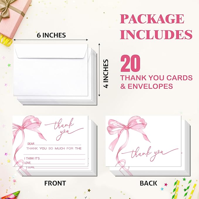 Bow Kids Thank You Cards, Pink Thank You Card For Baby Shower Birthday Party Wedding Bridal, Kids Birthday Cards Fill In The Blank, 20 Pack Cute Greeting Cards With Envelopes For Boys Girls, 014