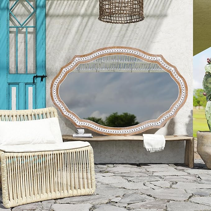 24x35 Inches Wooden Farmhouse Oval Mirror for Wall Decor, Living Room, Bedroom, Bathroom Rustic Decorative Mirrors for Entryway - Vertical or Horizontal Hanging