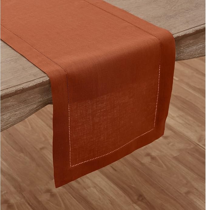 Solino Home Linen Cinnamon Table Runner 72 Inches Long - 100% Pure Linen Hemstitch Table Runner 14 x 72 Inch for Dresser, Dining - Classic Hemstitch