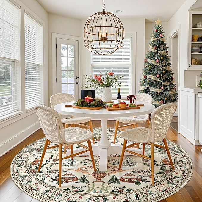 jinchan Round Christmas Rug for Dining Room 7ft Circle Holiday for Living Room Printed Christmas Tree and Cabin Rug 7'Soft Indoor Carpet for Bedroom Washable Non-Slip Winter Xmas Green on Beige