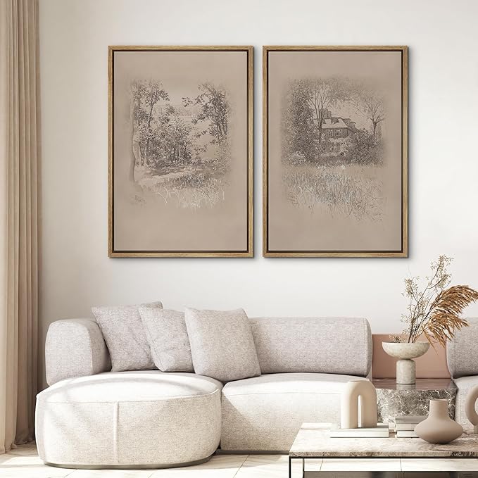 SIGNWIN Framed Canvas Print Wall Art Set Countryside Home and Trees Sepia Landscape Drawings Illustrations Modern Art Scenic Colorful for Living Room, Bedroom, Office - 16"x24"x2 Natural