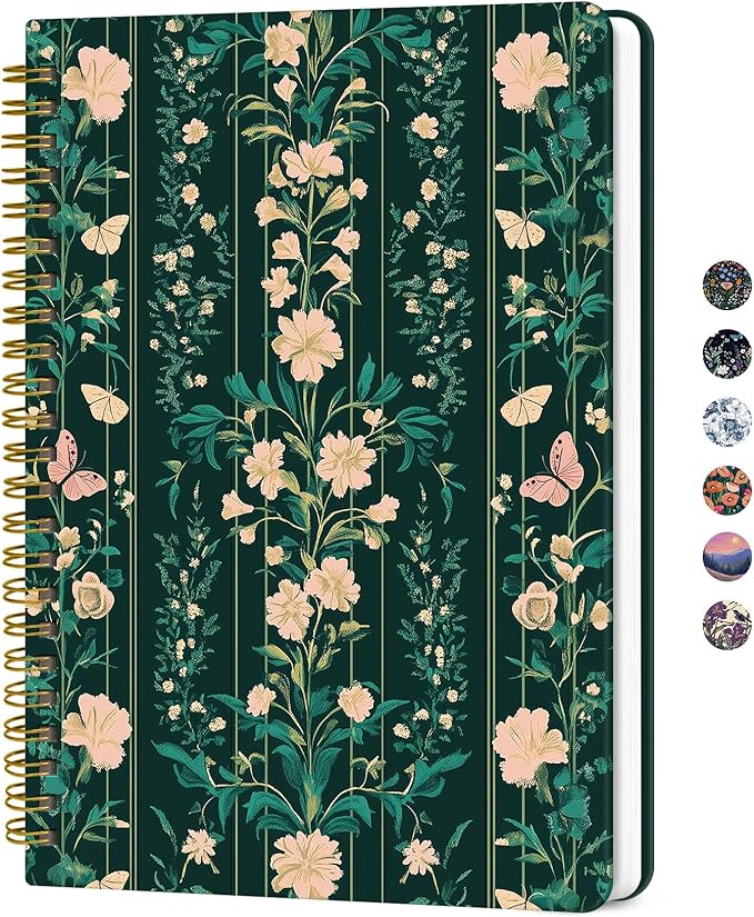 Lined Spiral Journal for Women, A5 Hardcover Cute Notebook for Work & Note Taking, Aesthetic Pretty Journal for Writing, 140 Pages, 6"x8", Botanical Waltz