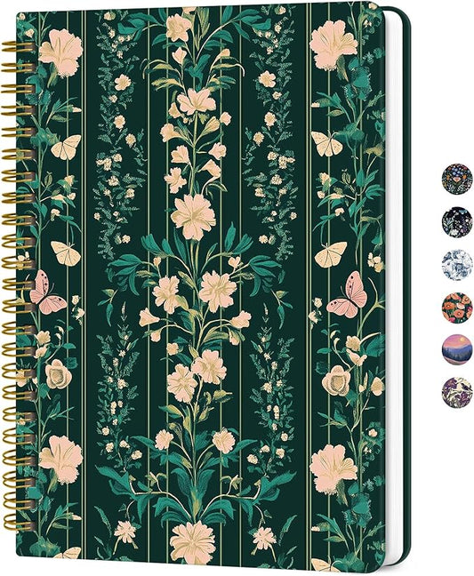 Lined Spiral Journal for Women, A5 Hardcover Cute Notebook for Work & Note Taking, Aesthetic Pretty Journal for Writing, 140 Pages, 6"x8", Botanical Waltz