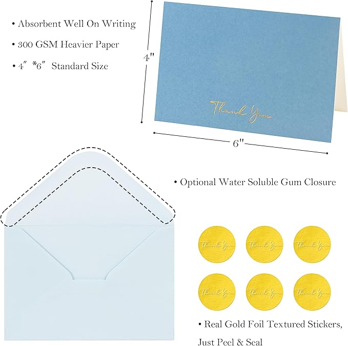 Crisky Blue Thank You Cards with Envelopes & Stickers， 50 Pack Bridal Shower Graduation Thank You Cards Small Business, Wedding Baby Shower Birthday Funeral Notes Bulk