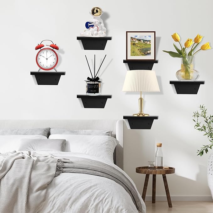 PHOENANCEE Small Floating Shelves,Speaker Shelf,Trapezoid Wall Shelf for Table Lamp Plants Display,Decorative Wood Ledges Chic for Living Room,Bedroom,Kitchen,Office,Pine,8x6 Inch,4 Pack(Black)