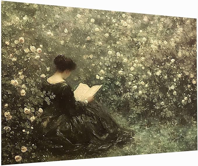Woman Reading Art Print, Moody Spring Art, Victorian Home Decor, Moody Vintage Flower Art,Victorian Women Reading Art,Reading Room,Library Wall Decor24x36Unframed