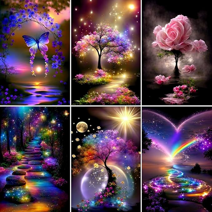 6 Pack Diamond Art Kits for Adults, Butterfly Flower Landscape 5D Diamond Painting for Adult Beginners, DIY Full Drill Round Gem Painting Dot Art Sets, Home Wall Decor 9.8x13.8 Inch