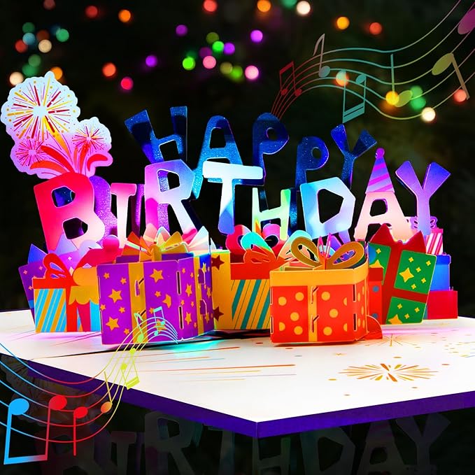GREETING ART 3D Pop Up Birthday Cards, Light and Music Happy Birthday Card, Musical & LED Lights Birthday Cards for Women Men Kids
