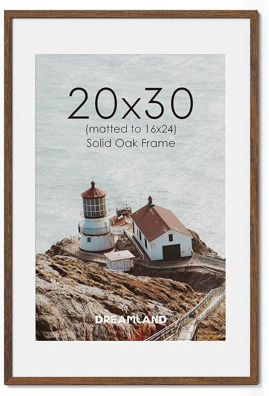 Dreamland Natural Oak Wood Picture Frame 20x30, Wooden Poster Frame with Mat for 16x24, 20 x 30 Matted Picture Frames with Tempered Real Glass for Wall Art Photo and Prints, Walnut Color, Set of 1