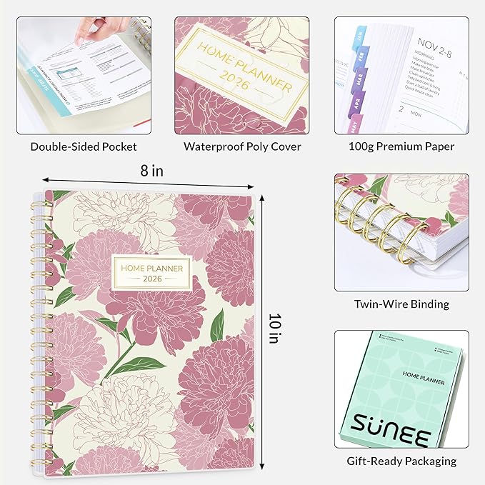 SUNEE Home Planner 2026, Work from Home Planner w/Stickers, JAN 2026 - DEC 2026, Daily Checklist, Monthly Budget Worksheet, Monthly Calendar, To-Do Lists, Ideal for gift, Poly Laminated Cover, Peony