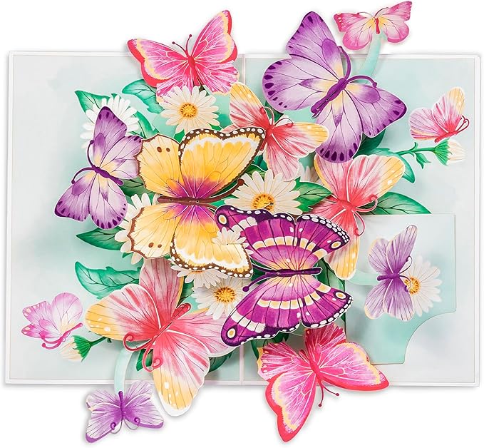 Butterfly Pop Up Card, Colorful Butterflies with Flowers, 3D Greeting Card, Gifts for Birthday, Mothers Day, Valentines Day, 5x7 - Includes Envelope And Message Note