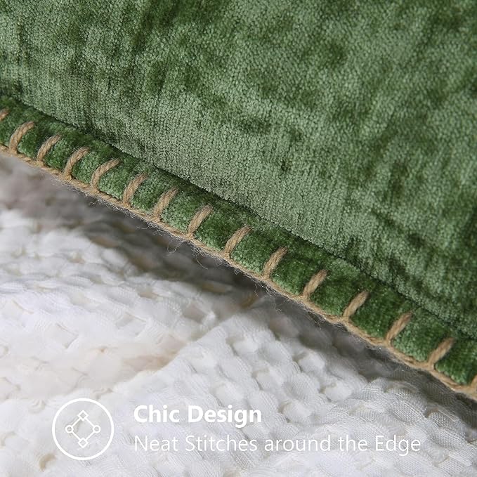 decorUhome Spring Chenille Soft Throw Pillow Covers 22x22 Set of 2, Farmhouse Velvet Neutral Decorative Euro Sham Pillow Covers with Stitched Edge for Couch Sofa Bed Home Decor, Forest Elf