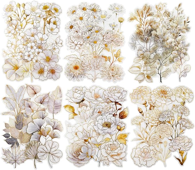 Floral PET Stickers – 60 Foil-Stamped Self-Adhesive Flower Designs Waterproof Transparent Stickers for Scrapbooking Journaling DIY Crafts and Decoration