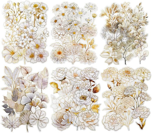 Floral PET Stickers – 60 Foil-Stamped Self-Adhesive Flower Designs Waterproof Transparent Stickers for Scrapbooking Journaling DIY Crafts and Decoration