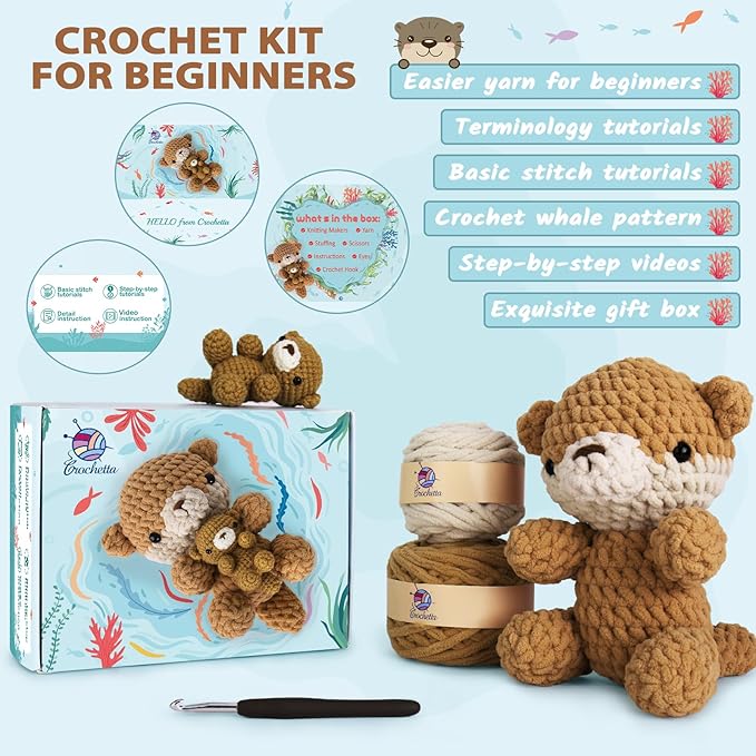 Crochetta Crochet Kit for Beginners, Crochet Starter Kit w Step-by-Step Video Tutorials, Beginner Crochet Kit for Adults Women Men Complete Kit Included (Otter Mom and Baby)