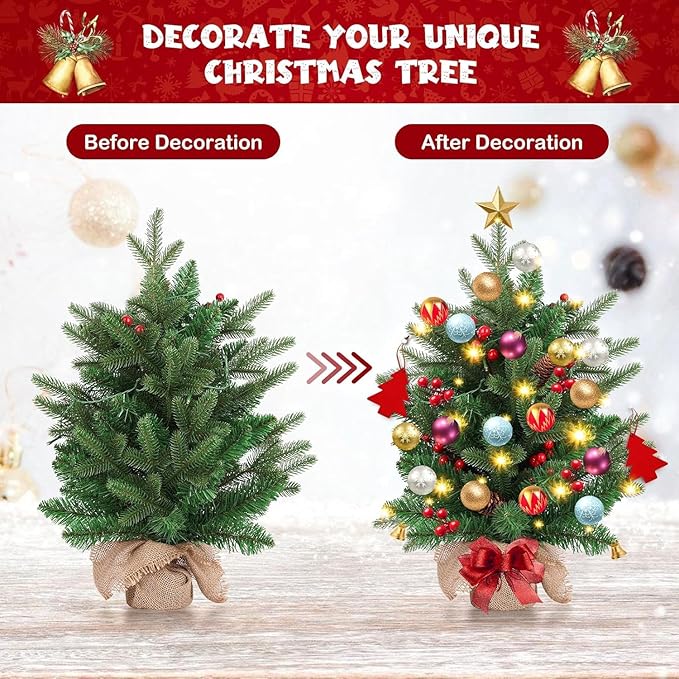Mini Christmas Tree,20 inch/50CM Small Christmas Tree with Lights with 2M LED Lights,75 Branch Tips,for Home Office Christmas Decorations