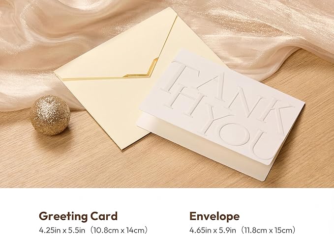 20 Pack Thank You Cards with Envelopes, 4.25×5.5 Inch Textured Thank You Notes, Embossed Letter Thank You Cards with V-Shape Gold Foil Envelopes, Blank Inside for Wedding Baby Shower Business