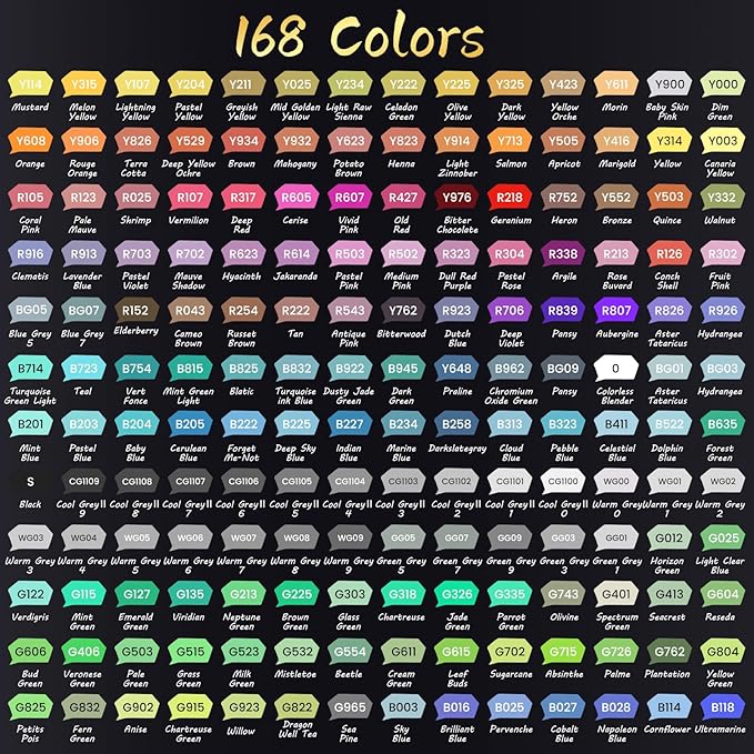 Caliart 168 Colors Alcohol Markers Brush Tip & Chisel, Dual Tip Art Markers Set for Adults Artists Sketch Illustration Coloring Book, Permanent Colored Drawing Pen Art Supplies Christmas Gifts